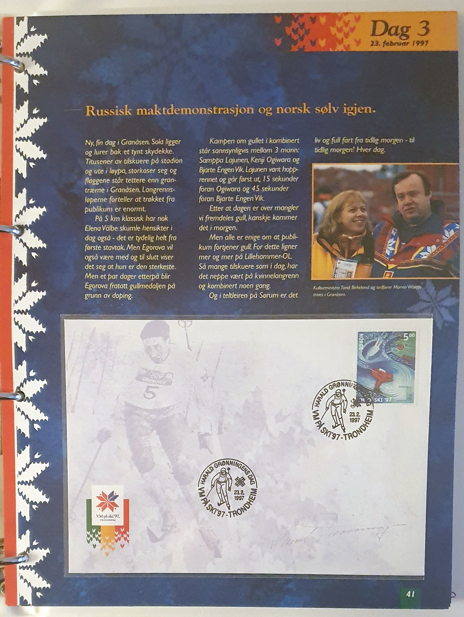 Album med frimerker og konvolutter fra Ski-VM i Trondheim 1997. Alle konvolutter og frimerker er førstedagsstemplet.