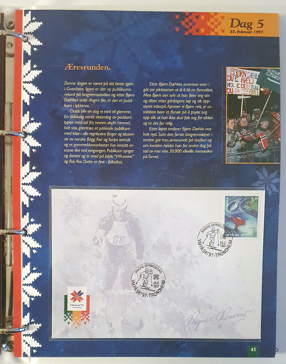 Album med frimerker og konvolutter fra Ski-VM i Trondheim 1997. Alle konvolutter og frimerker er førstedagsstemplet.
