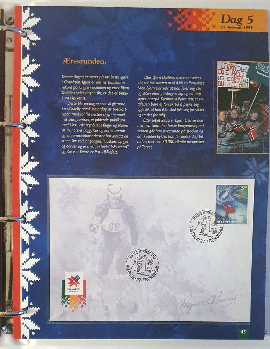 Album med frimerker og konvolutter fra Ski-VM i Trondheim 1997. Alle konvolutter og frimerker er førstedagsstemplet.