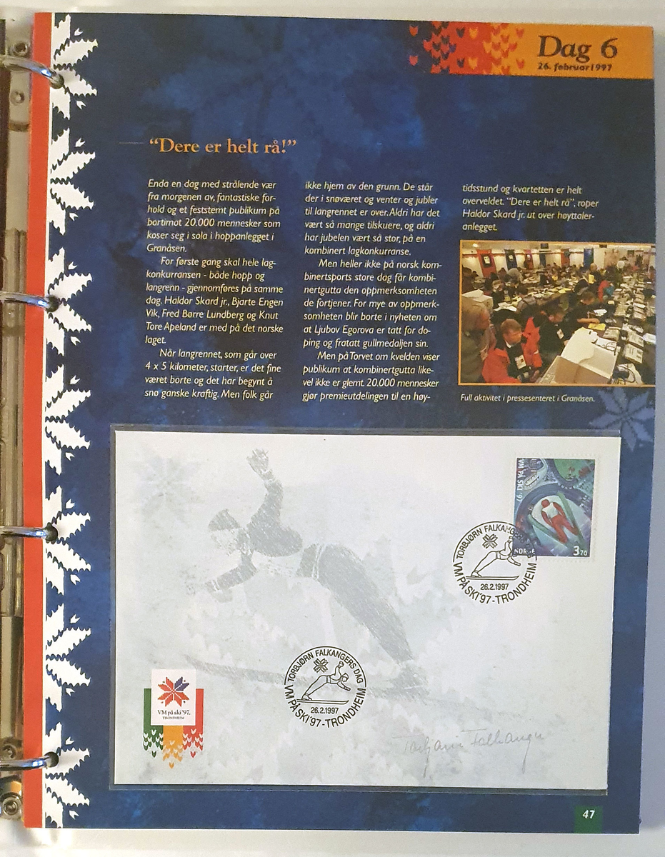 Album med frimerker og konvolutter fra Ski-VM i Trondheim 1997. Alle konvolutter og frimerker er førstedagsstemplet.