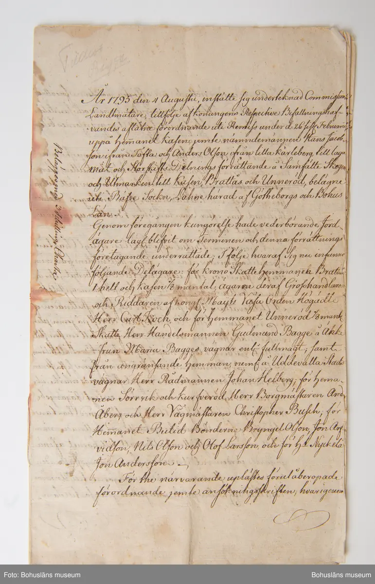 Ur arkivförteckningen: Lantmäterihandling 1795. Kasen, Brattås, Unneröd, Bäve.