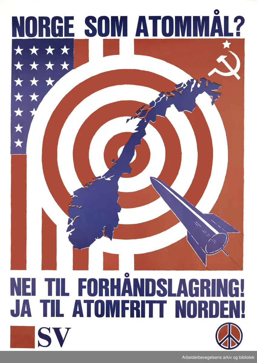 SV Plakat. Norge som atommål? Nei til forhåndslagring! Ja til atomfritt Norden! Format: 60X42 cm. SVs nedrustnnigsuke november 1980. .