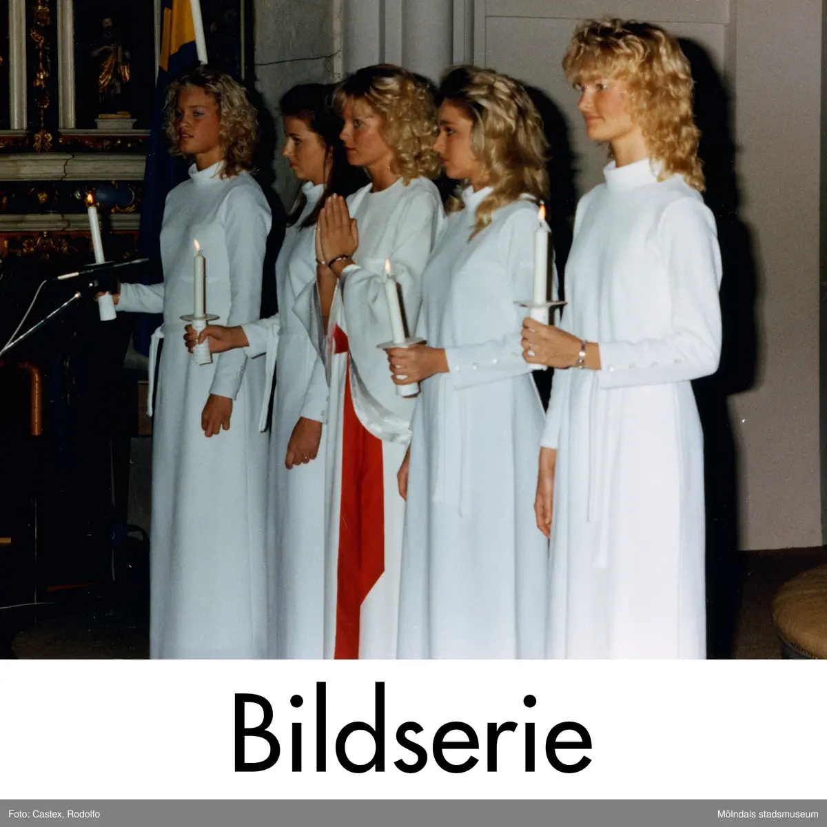 Serie om åtta fotografier som visar kröningen av Mölndals Lucia i Fässbergs kyrka i december 1985 samt bilder på luciatruppen i någons hem.