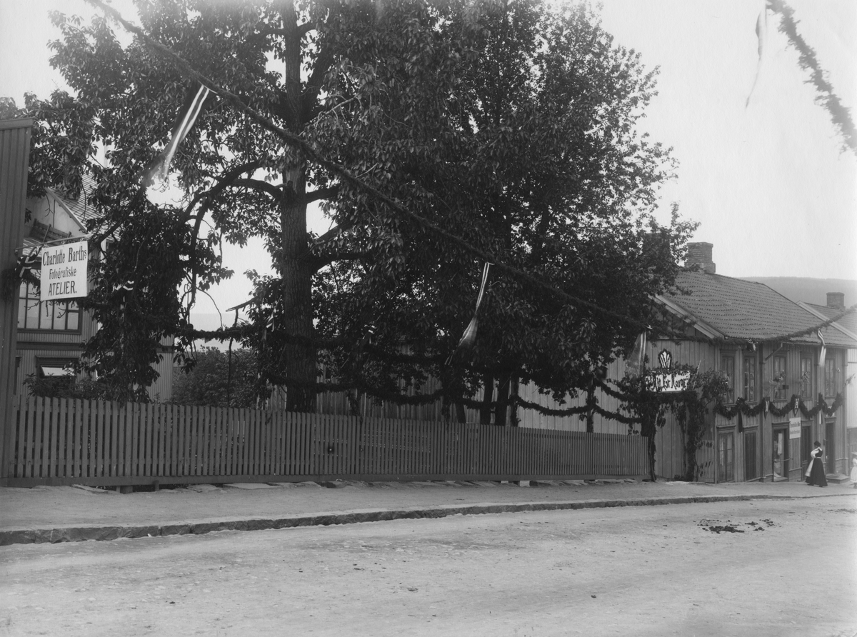 Lillehammer. Jernbanegata. Fredrikke Moes Broderiforretning i nr 11. Og Charlotte Barths fotografiske atelier i ne 13.
Gata er pyntet til kongebesøket i forbindelse med kroningsferden i 1906.