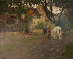 Landsbygate med folkeliv [Maleri]