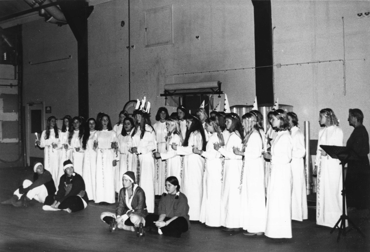 Hilleshögs Frö AB.
Luciafirande med luciatåg, lucia med krona med levande ljus, tärnor, stjärngossar och tomtar.