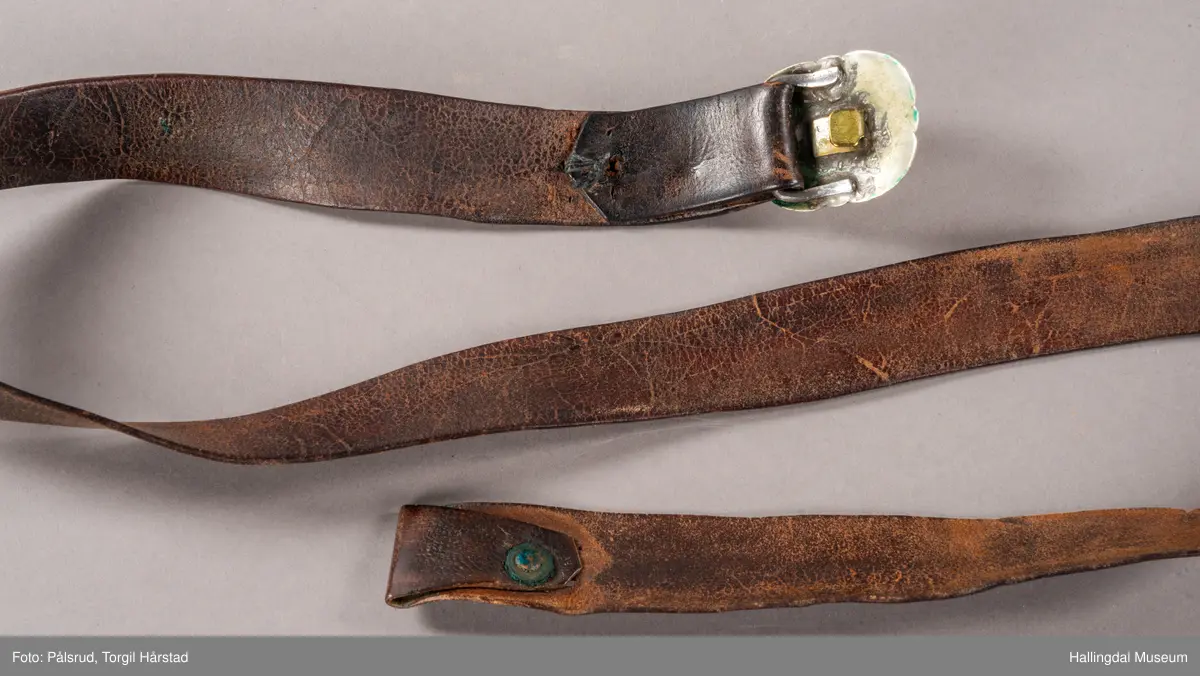 Skinnbelte med beltespenne. Gravert på beltespennen: "S.E.D."