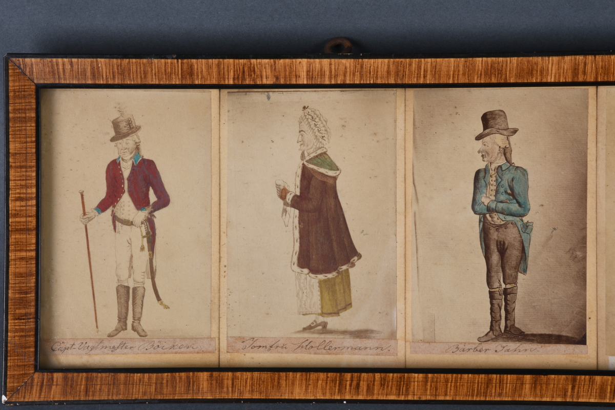 Syv karikerte portretter av bergenske byoriginaler med drakter fra sent 1700 / tidlig 1800-tall.
