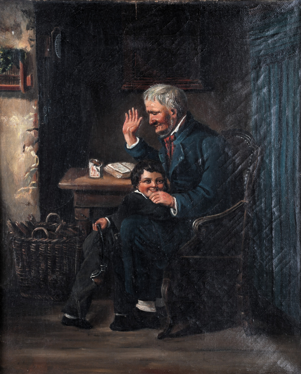 Innrammet oljemaleri på lerret med rektangulær form. Motivet viser en sittende gammel mann med hånden hevet og en liten gutt som smilende lener seg på fanget til mannen. I hånden holder gutten en lang pipe. Maleriet har forgylt og profilert treramme.