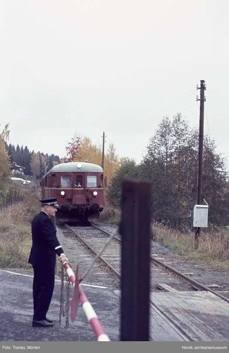 Styrevogn for dieselmotorvogn BDFS 86 65 med ekstratog for Norsk Jernbaneklubb ved planovergangen på Skreia stasjon