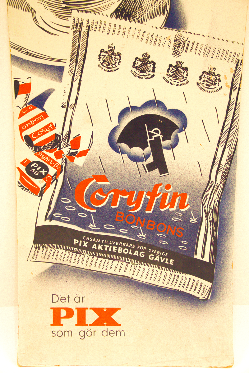 En stor masonitskylt för Pix AB:s produkt "Coryfin". Motivet visar en man med paraply, vilket förstärker budskapet för kalla och ruggiga väderförhållanden. Texten lyder: "I förkylningstider - när det är ruggigt tag Coryfin bonbons". Skylten har en stämpel på baksidan som anger "LW Board".