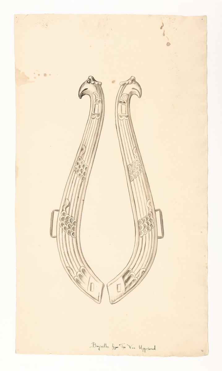 Illustrasjon av hesteutstyr, bogtre med treskurd. Frå Uppsund i Kviteseid. 