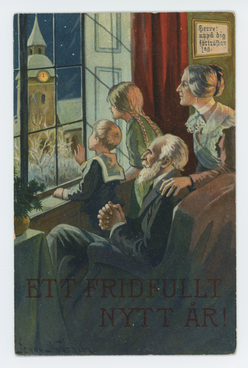 Nyårskort med motiv av äldre par tillsammans med ung flicka och pojke. Alla tittar ut genom fönstret mot kyrkklockan som snart slår tolv. Längst ned finns texten "ETT FRIDFULLT NYTT ÅR!". 

Kortet är oskrivet och saknar både hälsning, adressat, frimärke och poststämpel.