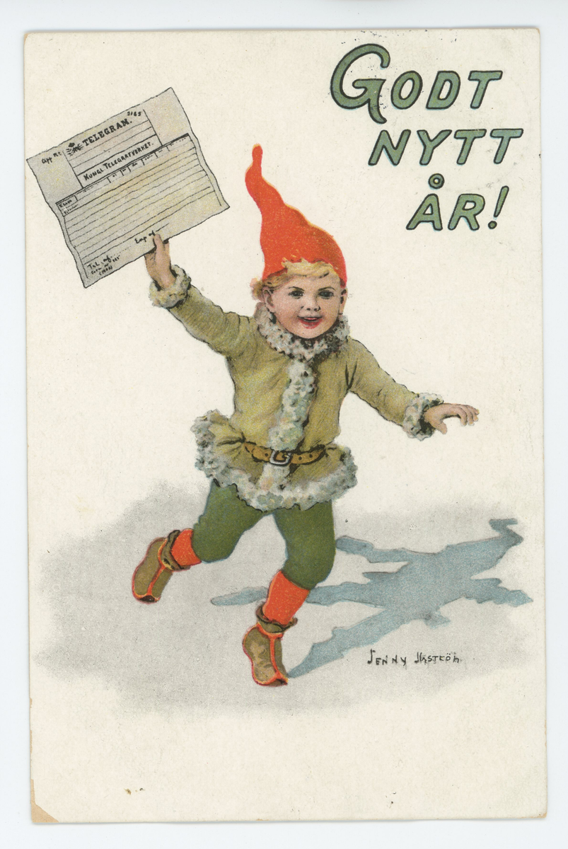Ett nyårskort med en tomtenisse som kommer springandes med ett telegram i handen. Uppe i högra hörnet finns texten: "GODT NYTT ÅR!". Nere i högra hörnet står illustratörens signatur: "Jenny Nyström". Jenny Nyström (1854-1946) var en känd svensk konstnär och illustratör. På baksidan finns ett grönt 5-öres frimärke med Kung Oscar II i oval. Kortet är poststämplat den 31/12, men årtalet syns inte.