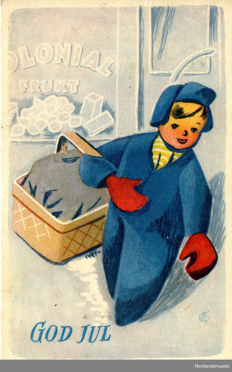 Julekort med motiv av gutt som holder en kurv.