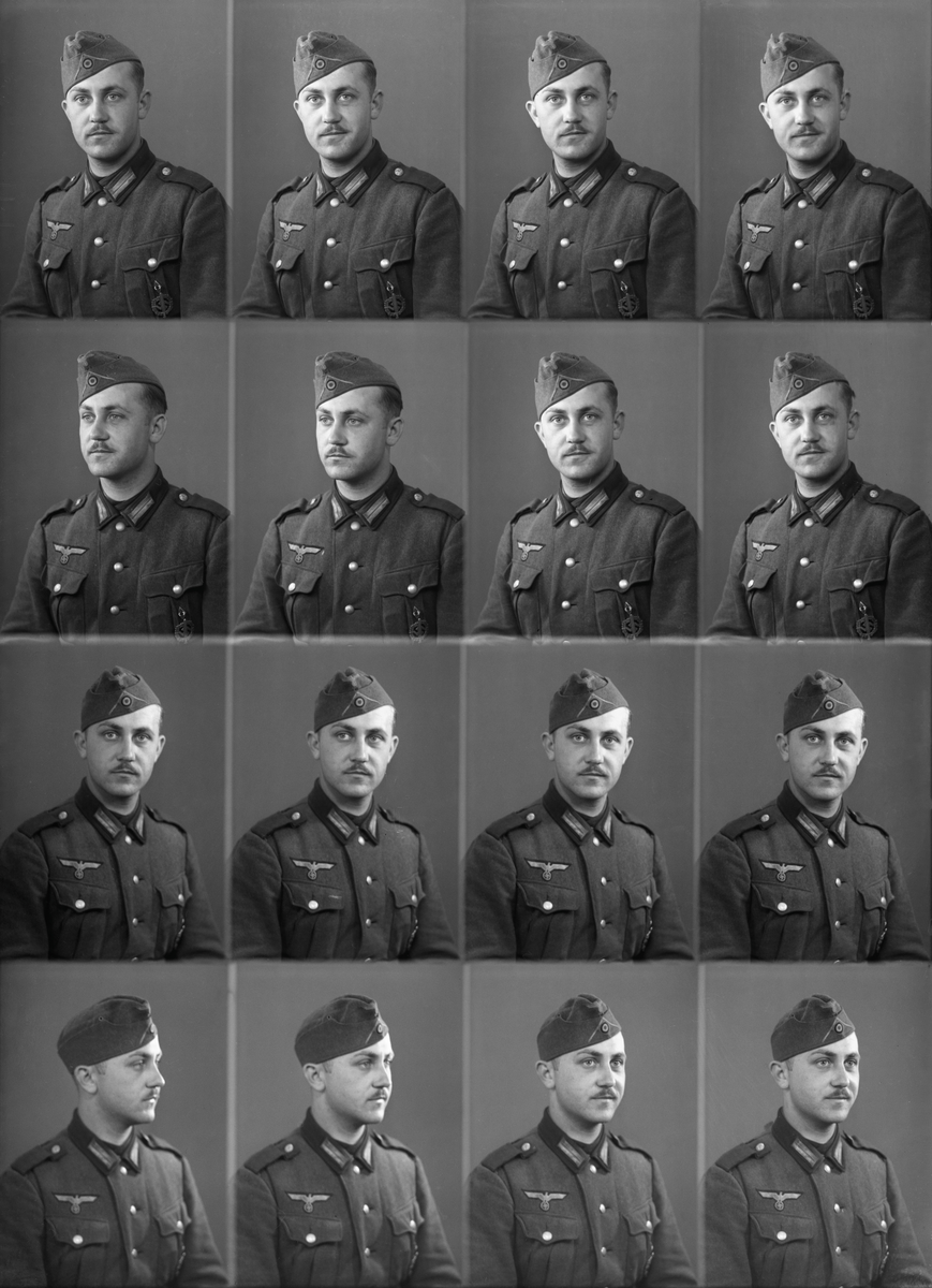 Portrett av en tysk soldat i uniform, Halden, ultimo april 1940. 
Bestillers navn:  Bollenberg.