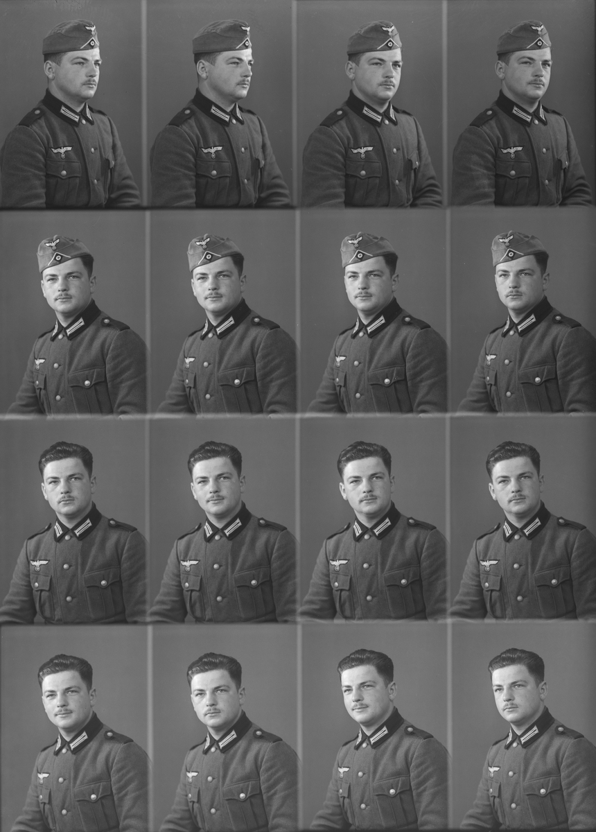 Portrett av en tysk soldat i uniform, Halden, ultimo april 1940. 
Bestillers navn:  Filler.