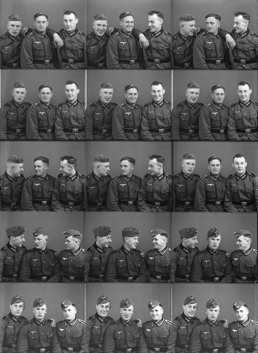 Portrett av tre tyske soldater i uniform, Halden, oktober 1940. Bilde to er utsnitt. 
Bestilleres navn:  Frantz Bölts, Heinz Ehlermann, Heinz Averbeck (Auerbeck?).