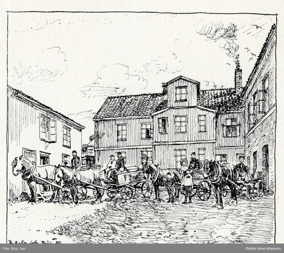 Tegning av bakgården til Storgata 16  i Moss, tegning av bakgården til bakermester F. Brehmer der han  hadde sitt bakeri. Fire brødkjørere med brødvogner, ca. 1850.