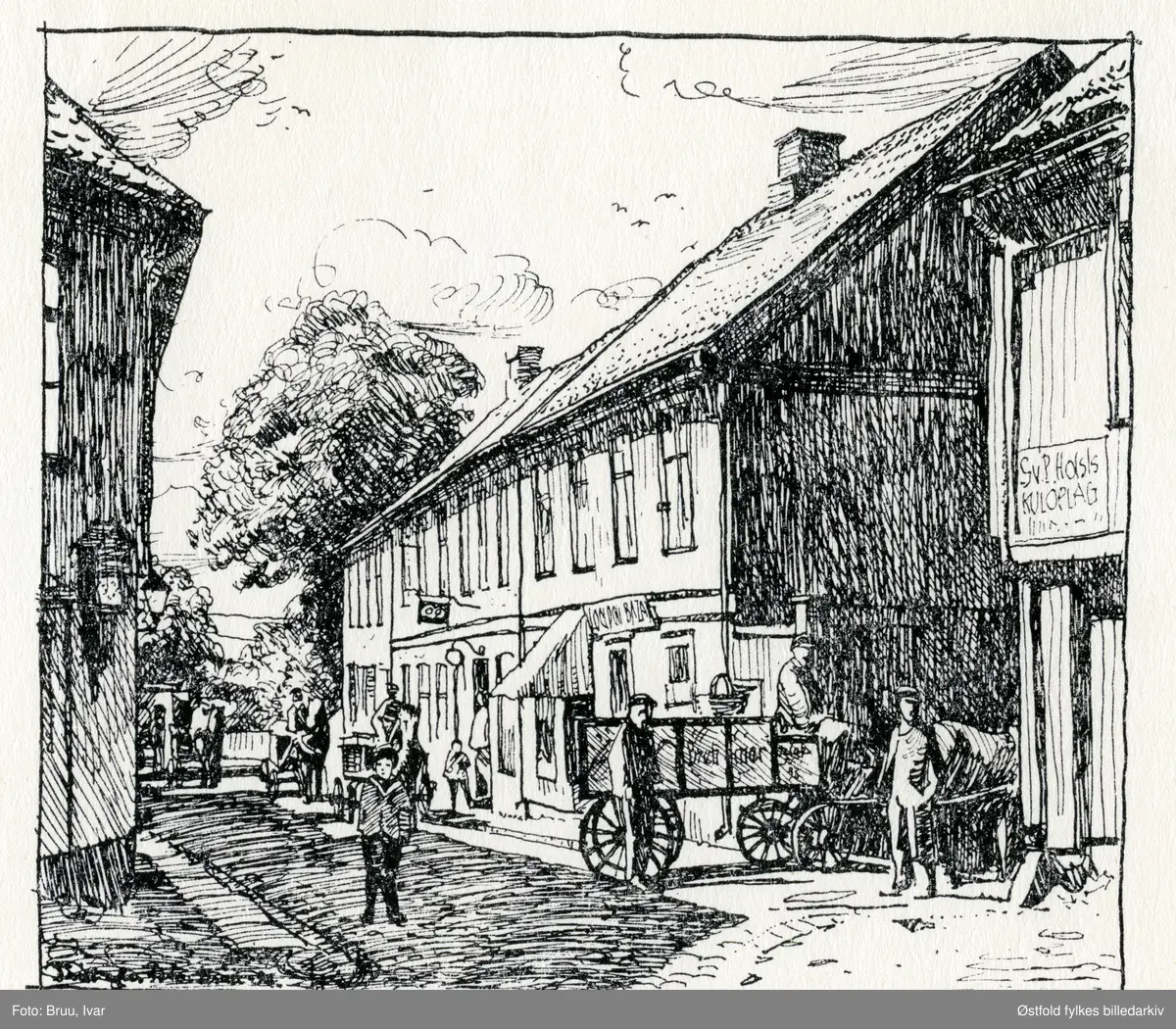 Tegning av Storgata 16 i Moss  med Brehmers bakeri. Helt til høyre Storgata 18 ses gården hvor Sv. P. Holsts kuloplag holdt til. I nordre ende hold t"London-bazaren" til.