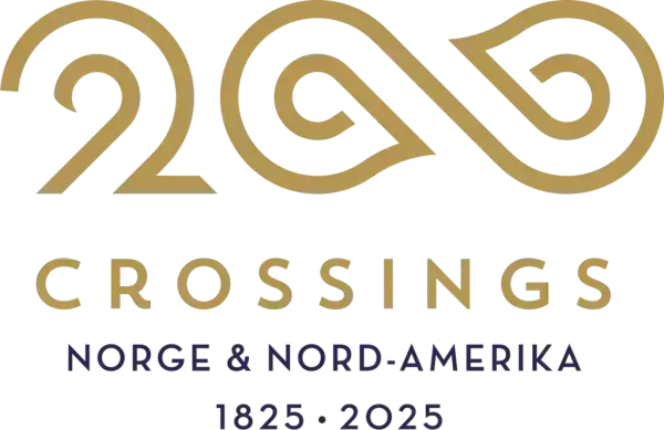 Logo Crossings200, tallet 200 tegnet i gull med liggende 8-tall som 00. Symboliserer den uendelige seilerknuten. Norge - Nord Amerika 1825-2025