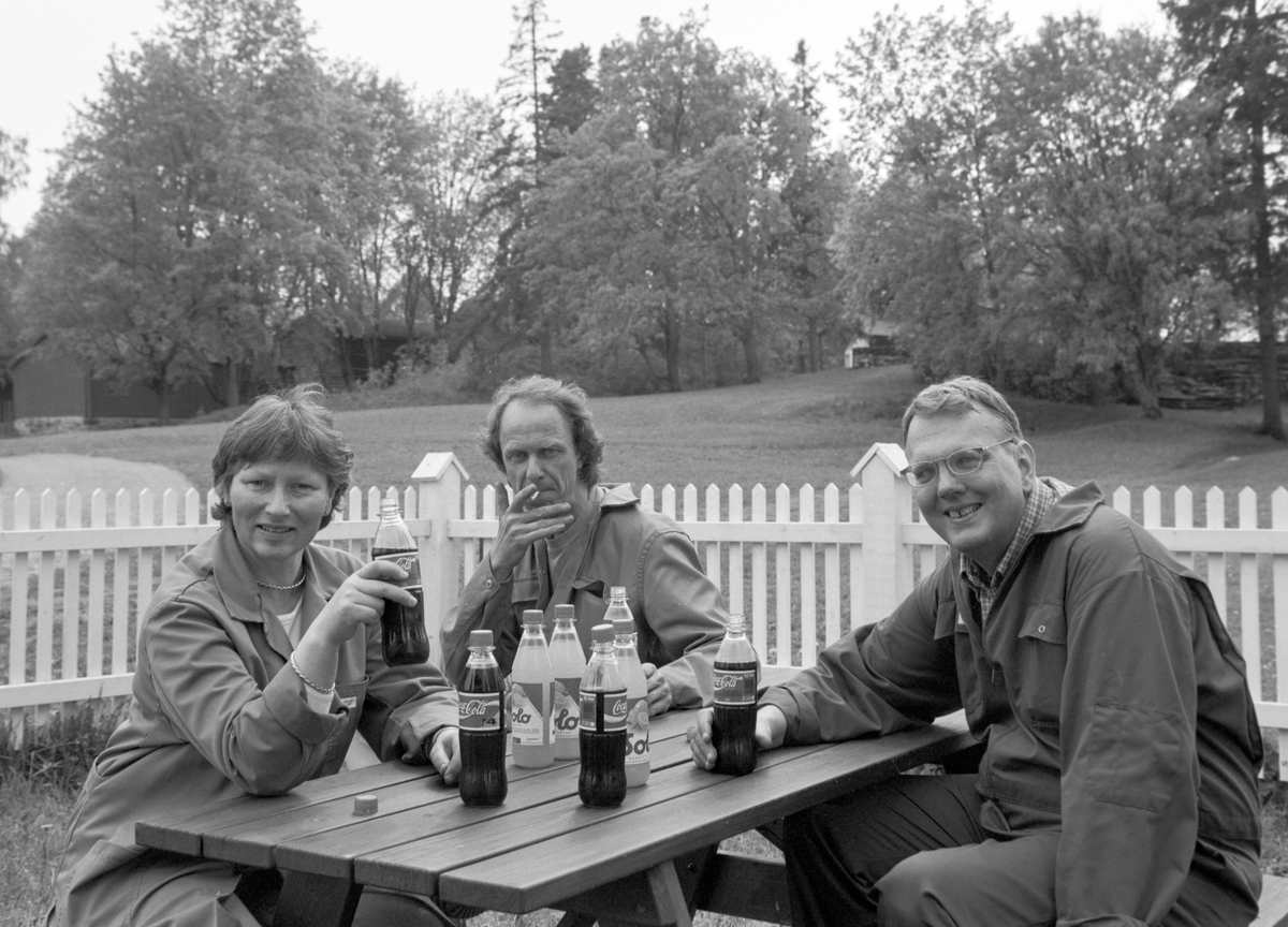 Hamar, Domkirkeodden, Løtenbygningen, Hedmarksmuseet, Evakuering av gjenstander, innventar i Løtenbygningen, flom i Mjøsa i1995. Fra venstre: teknisk konservator Vigdis Vingelsgaard, fotoleder Jan Haug, professor Ragnar Pedersen, mineralvann, Dugnadspause.