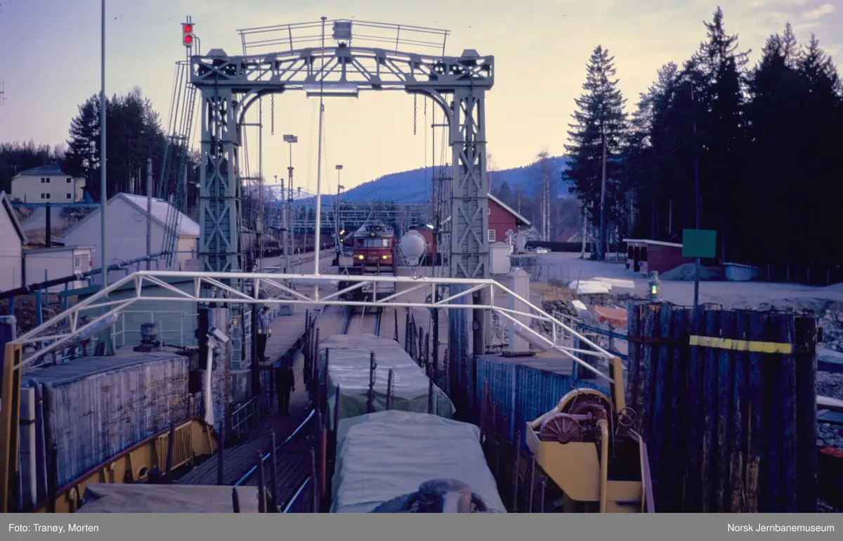 Elektrisk lokomotiv El 8 trekker lastede godsvogner av MF Storegut på Tinnoset stasjon