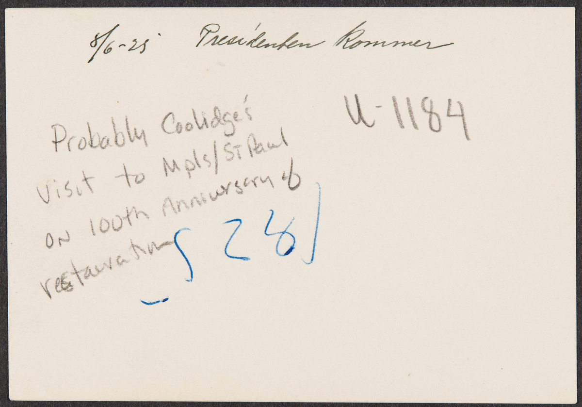 100-årsfeiring i 1925
8/6-25 Presidenten kommer

Antagelig president Coolidges besøk i Minneapolis/St Paul
på 100-års jubileet for Restaurations reise i 1825.