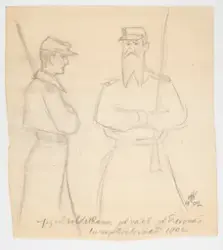 Hilding och soldat Ram på vakt på Trossnäs [Teckning]