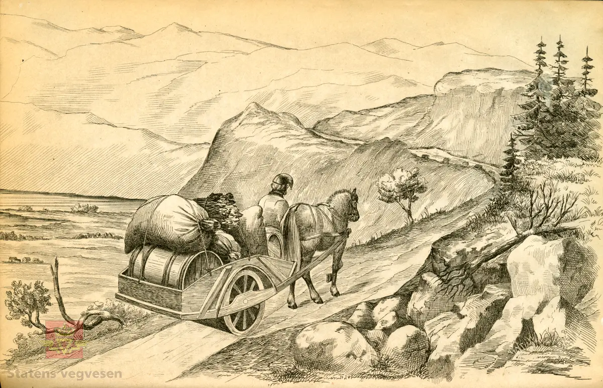 Håndskrevet tekst på framsiden av bildet: "Tilhører Baalsrud (Fra V.D. Krag) 1903." Videre medfølger det håndskrevet tekst til bildet: Sitat: "Krag og Vegdirektør Bergh prøver rullekjerre, bygget for billige veger." Bildet viser presentasjon av rullekjerren, som skulle bli det nye kjøretøyet for høyfjellsvegene, men ikke ble noen suksess. 
Dette bilde er vistnok tatt i et gårdsrom i Haugesund. Til venstre sitter daværende vegdirektør Bergh og til høyre seinere vegdirektør Krag. Usikkert når bilde er tatt, Christian Wilhelm Berg døde i 1873 så bildet er tatt før den tid, og det er trolig det eneste fotografiet vi kjenner hvor Christian W. Bergh er avbildet. Følg pilen til høyre for flere bilder. I alt 7 bilder.
Ref. til "Meddelelser fra Veidirektøren," nr. 2-1945, side 24, der bildet er illustrert i en artikkel om "Rullekjerren," av H.W. Paus. 
Ref. til "Årbok for Norsk vegmuseum 2016," en artikkel om Vegdirektør Krag - "Heller en tarvelig vei enn ingen vei," ved Ane Cecilie Røed. I boka er samme bildet side 101 som i "Meddelelser fra Veidirektøren," nr. 2-1945)
Utsnitt fra Ane Cecilie Røed sin artikkel:
Rullekjerren
"Som vegmann var Krag opptatt av nye ideer og initiativ for å bedre framkommeligheten. Han var også interessert i ulike framkomstmidler noe denne historien illustrerer. Befolkningen i Skjåk hadde lenge ønsket seg en kjøreveg over fjellet til Vestlandet, og da gjerne til Tafjord. Krag på sin side ville at vegen, en simpel kjøreveg, skulle gå over Grotli og slik ble det. Da vegen var nesten ferdig, viste det seg at man ikke kunne kjøre på den med vogn. Til det var vegdekket for løst og vegen for smal. En rullekjerre, som enten var en kjerre med to brede hjulfelger, eller en trommel eller rulle, ble lansert og ble begeistret støttet av Krag.  Det sies om rullekjerren at den allerede i begynnelsen hadde det med å løpe løpsk og rulle sine passasjerer omkull. Da vegdirektøren og ordføreren skulle prøvekjøre den nye farkosten, endte de i grøften, med bygdefolket som nysgjerrige tilskuere. Kort tid etter var rullekjerren en saga blott, og på den nye vegen kjørte man med bredfelgede kjerrer (Schulerud 1974 s 301-302). Historien om rullekjerren bekrefter på lik linje med andre episoder i denne artikkelen, Krags brede interessefelt og engasjement. "
Se artiklene i Nedlastinger og Referanser lenger ned på siden.
Et eget Vegdirektorat kom først i 1864, og Christian Wilhelm Berg var den første vegdirektør i perioden 1864 - 1873.
Etterfulgt av  Hans Hagerup Krag i 1874 - 1903,  Johan Christian Skougaard 1903 - 1918 og Andreas Baalsrud i perioden 1919 - 1945. 
Bilde 2) Vegdirektør Christian Wilhelm Bergh.  Bilde 3) Vegdirektør Hans Hagerup Krag. Bilde  4) Vegdirektør Johan Christian Skougaard. Bilde 5) Vegdirektør Andreas Baalsrud. Se vedlegg i Nedlastinger for mer informasjon.
Bilde 6) Rullekjerren.  I følge «Meddelelser fra Veidirektøren Nr. 2-1945, side 24, er dette bilde av rullekjerren tegnet av overingeniør Fenger Krog.
Bilde 7) Informasjon om rullekjerren ved Norsk vegmuseum sin første utstilling 1992.