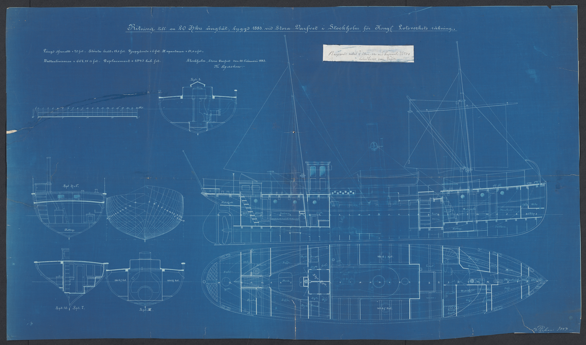 Profil med rigg, plan med inredning samt spantruta och fyra tvärsektioner