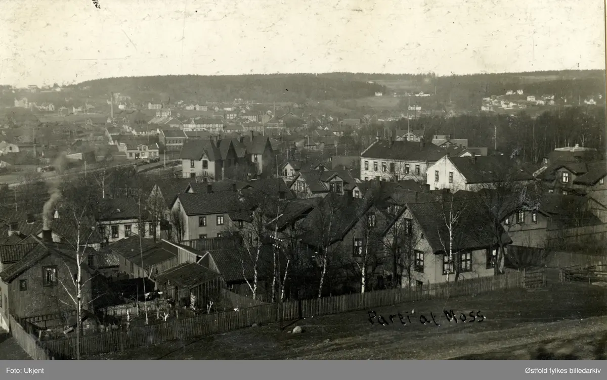 Oversiktsbilde  fra Moss  ca. 1909 (?), postkort. Fotografert fra kirkegården mot Jeløy, Moss jernbanestasjon.