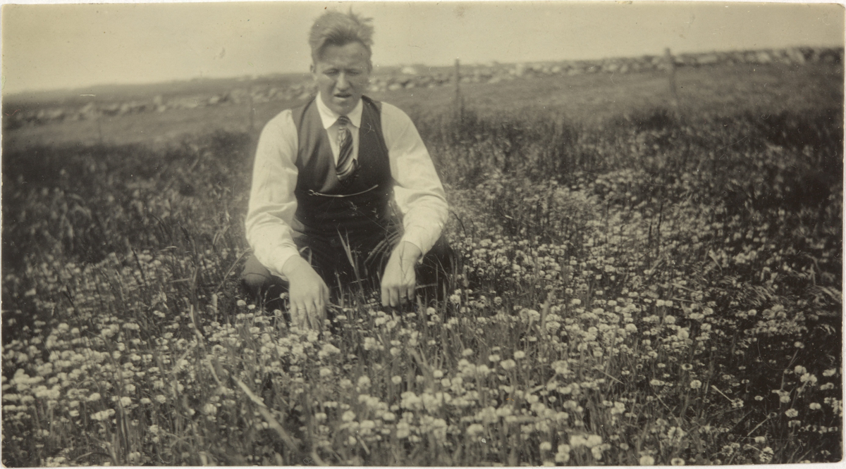 Ein mann sit på huk i ei eng. Helge Uverud. På Hognestad?