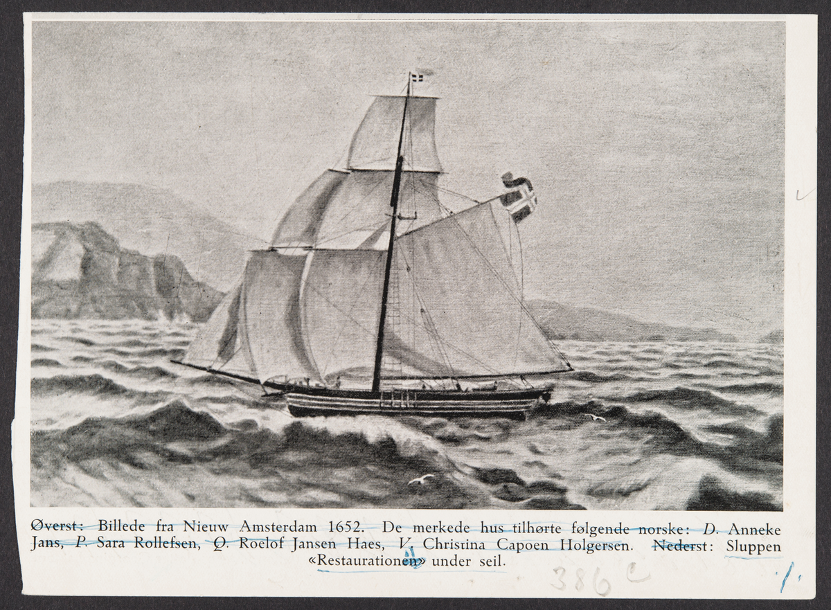 Skipet Restauration under seil. Illustrasjon fra bok.
På baksiden bl.a. tegning av Cleng Peerson.

Bakside:
 til venstre: Cleng Peerson (efter tegning av Ivan Doseff)
 til høyre: Lars Larsons hus i Rochester, N.Y., det første utflytterne bygget i Amerika; i forgrunnen Larsons datter Georgina Larson