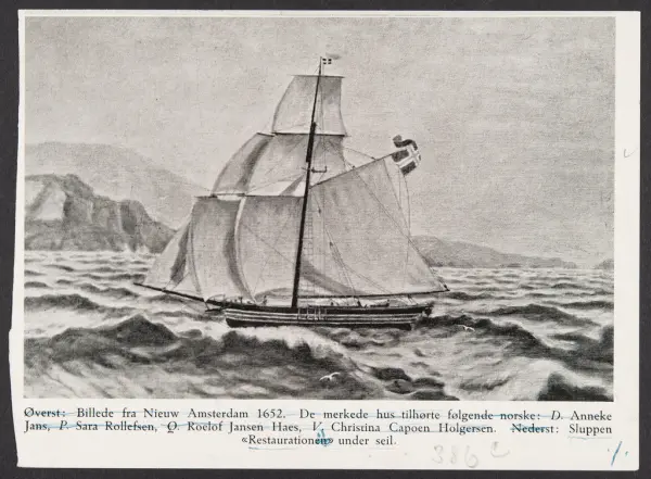 Skipet Restauration under seil. Illustrasjon fra bok.
På bak