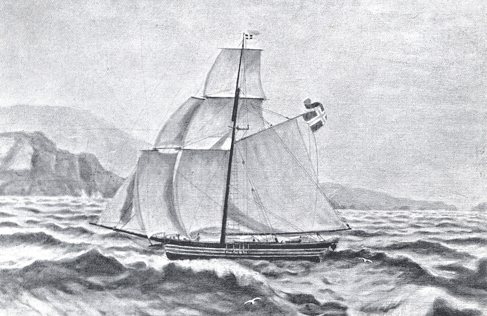 Skipet Restauration under seil. Illustrasjon fra bok.
På baksiden bl.a. tegning av Cleng Peerson.

Bakside:
 til venstre: Cleng Peerson (efter tegning av Ivan Doseff)
 til høyre: Lars Larsons hus i Rochester, N.Y., det første utflytterne bygget i Amerika; i forgrunnen Larsons datter Georgina Larson