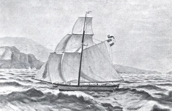 Skipet Restauration under seil. Illustrasjon fra bok.
På bak