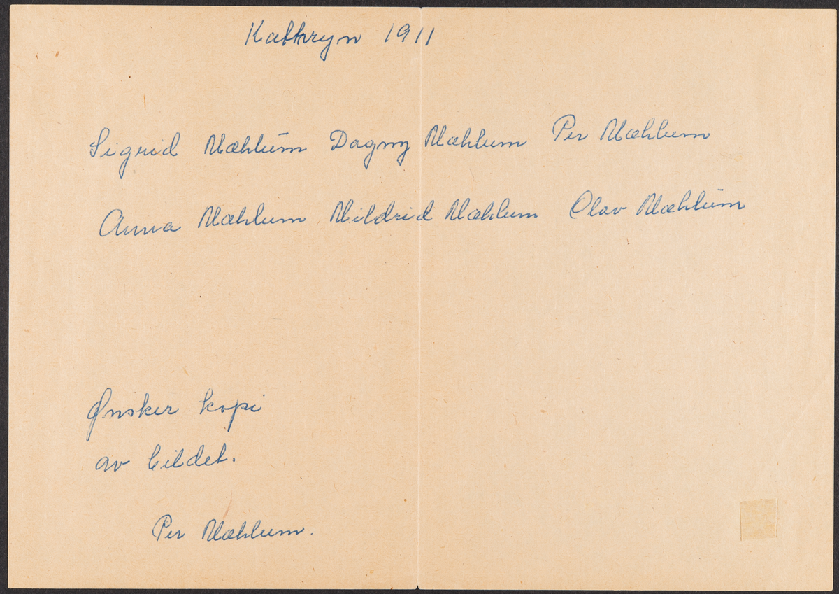 Kathryn 1911. Mæhlum familien.
Sigrid Mæhlum Dagny Mæhlum Per Mæhlum
Anna Mæhlum Mildrid Mæhlum Olav Mæhlum.