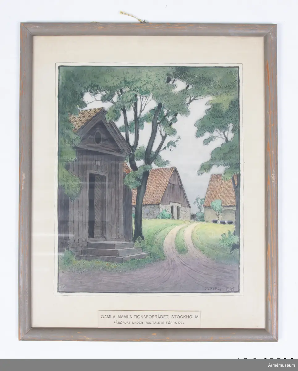 Akvarell av arkitekten Ferdinand Boberg föreställande Gamla ammunitionsförrådet på Kulgården i Stockholm.