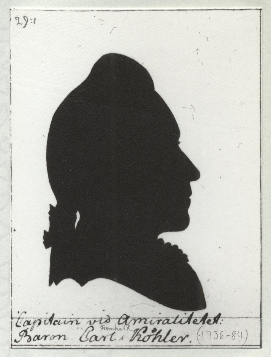 Silhuettporträtt. Utförda av Olof Bernhard Schalin c:a 1771-1774. (Huvudsakligen Karlskrona-och Norrköpingsbor). Fotona uppklistrade på papper i svart pärm. Okänt var originalen finns. Namnregister medföljer albumet.