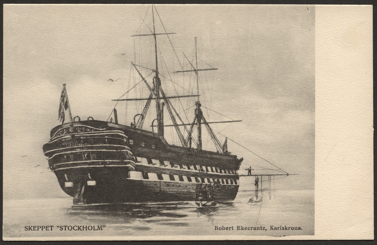 Vykort på linjeskeppet Stockholm.
Linjeskeppet stockholm, som av sjöbeväringen användes såsom logement och skolfartyg. Detta linjeskepp är den enda kvarlevan av svenska flottan, sådan den var under dess storhetstid.