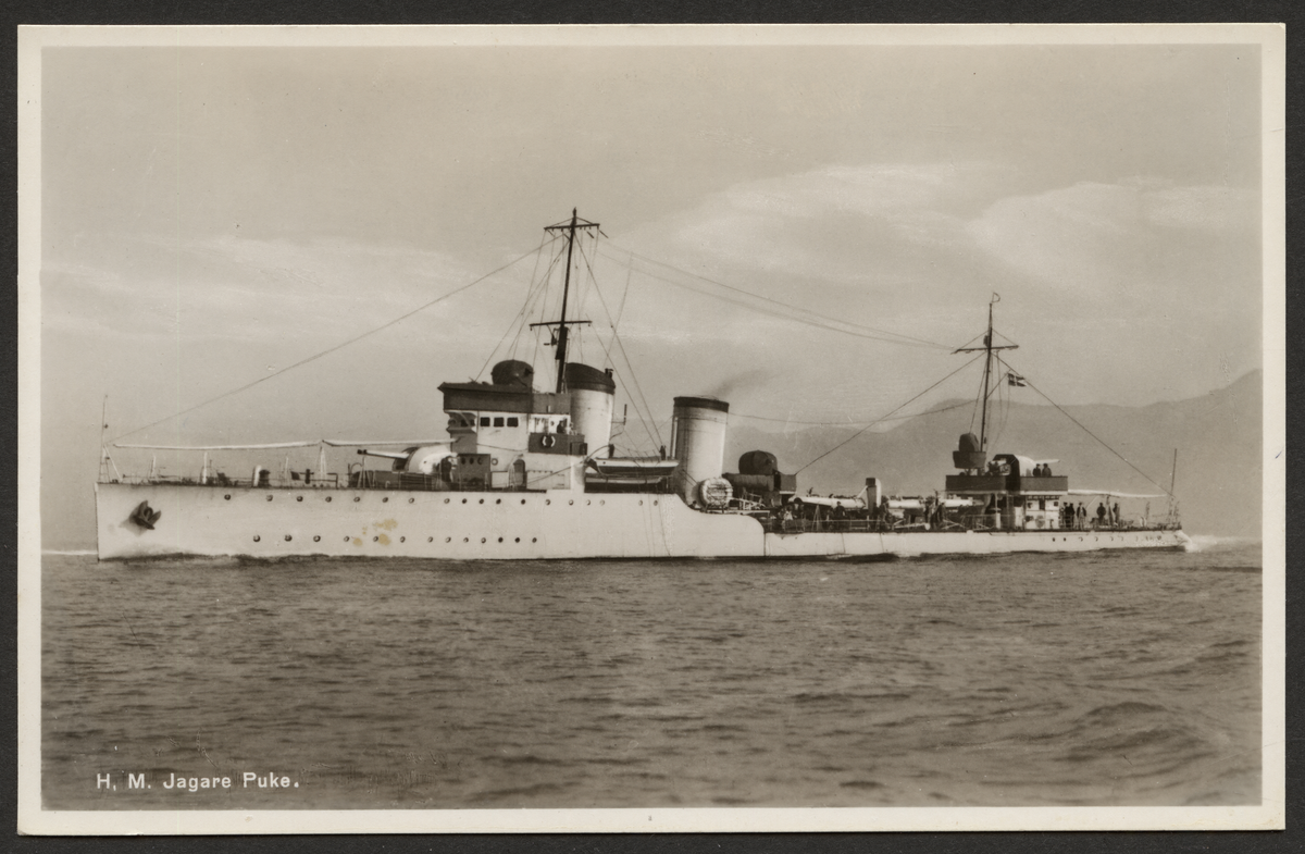 Vykort på jagaren Puke. f.d italienska Bettino Ricasoli. sjösatt 1926, hemförd till Sverige 1940. 935 ton, fart 35 knop. bestyckning: fyra 12 cm kanoner, lv-pjäser och torpedtuber