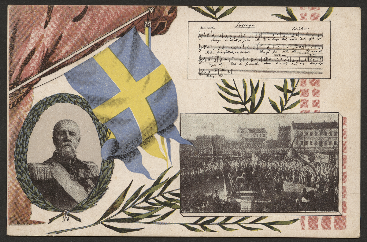 Vykort på Oscar II och en sång "Sverige" samt bild.