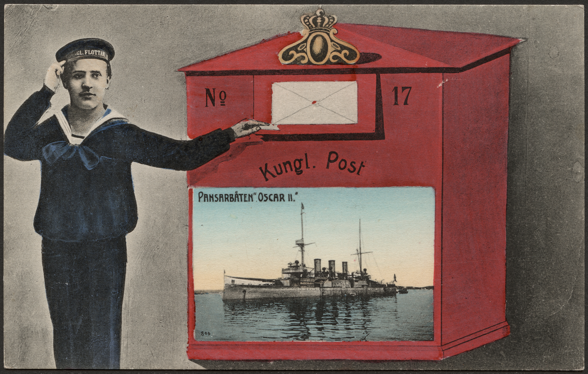 Vykort visar en skeppsgosse framför en brevlåda med en bild på  pansarbåten Oscar II.