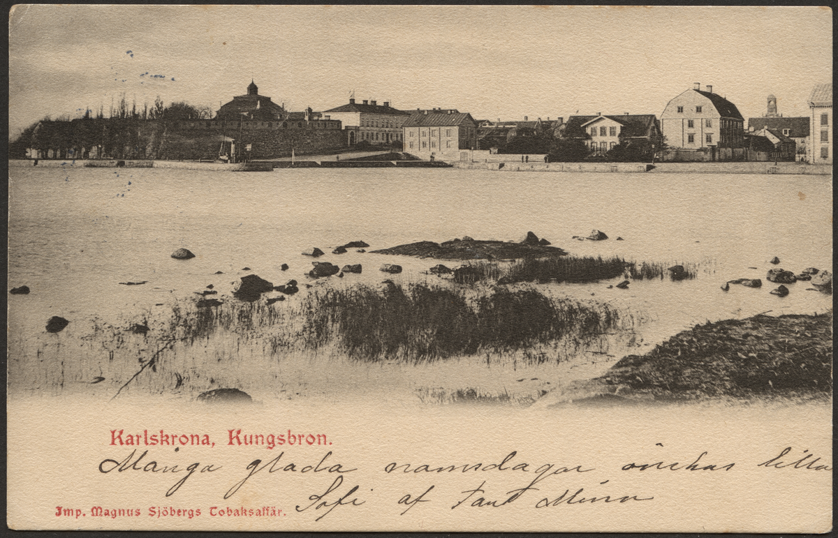 Vykortet avbildar vyn från Stumholmen mot Kungsbron på Trossö.