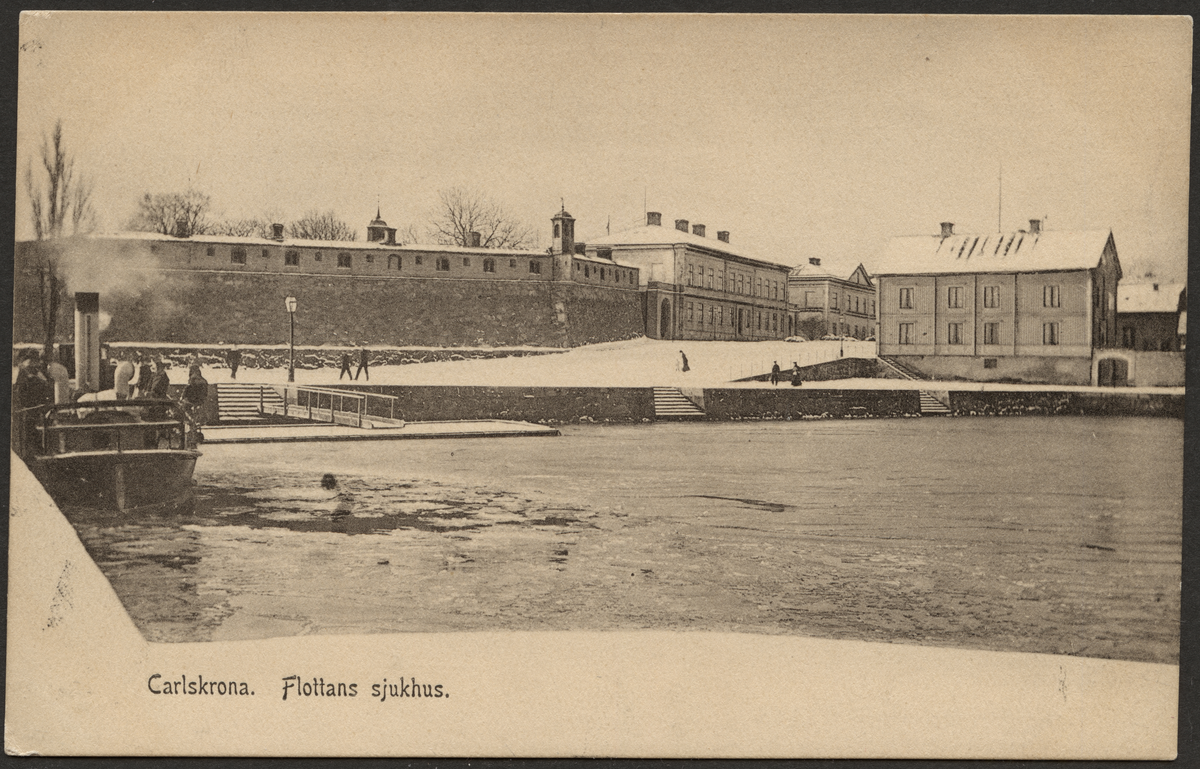 Bilden visar Bastion Aurora, Flottans sjukhus och Kungsbron på vintertid.