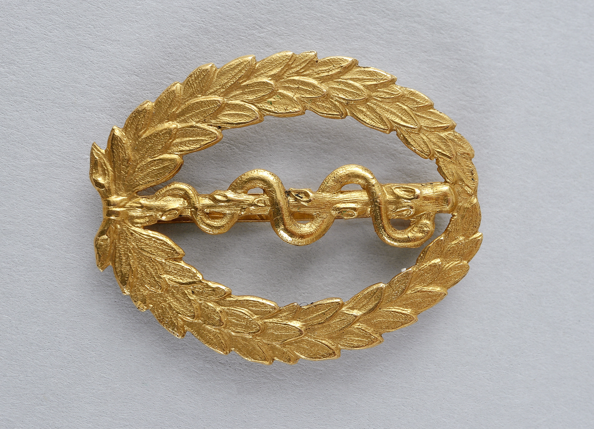 Examenstecken. Guldemblem för medicine doktorsexamen. Emblemet (ovalt) föreställer en orm som slingrar upp på en trädstam, omgiven av en oval lagerkrans. På baksidan finns stämplar.

Inskrivet i huvudbok 1969.