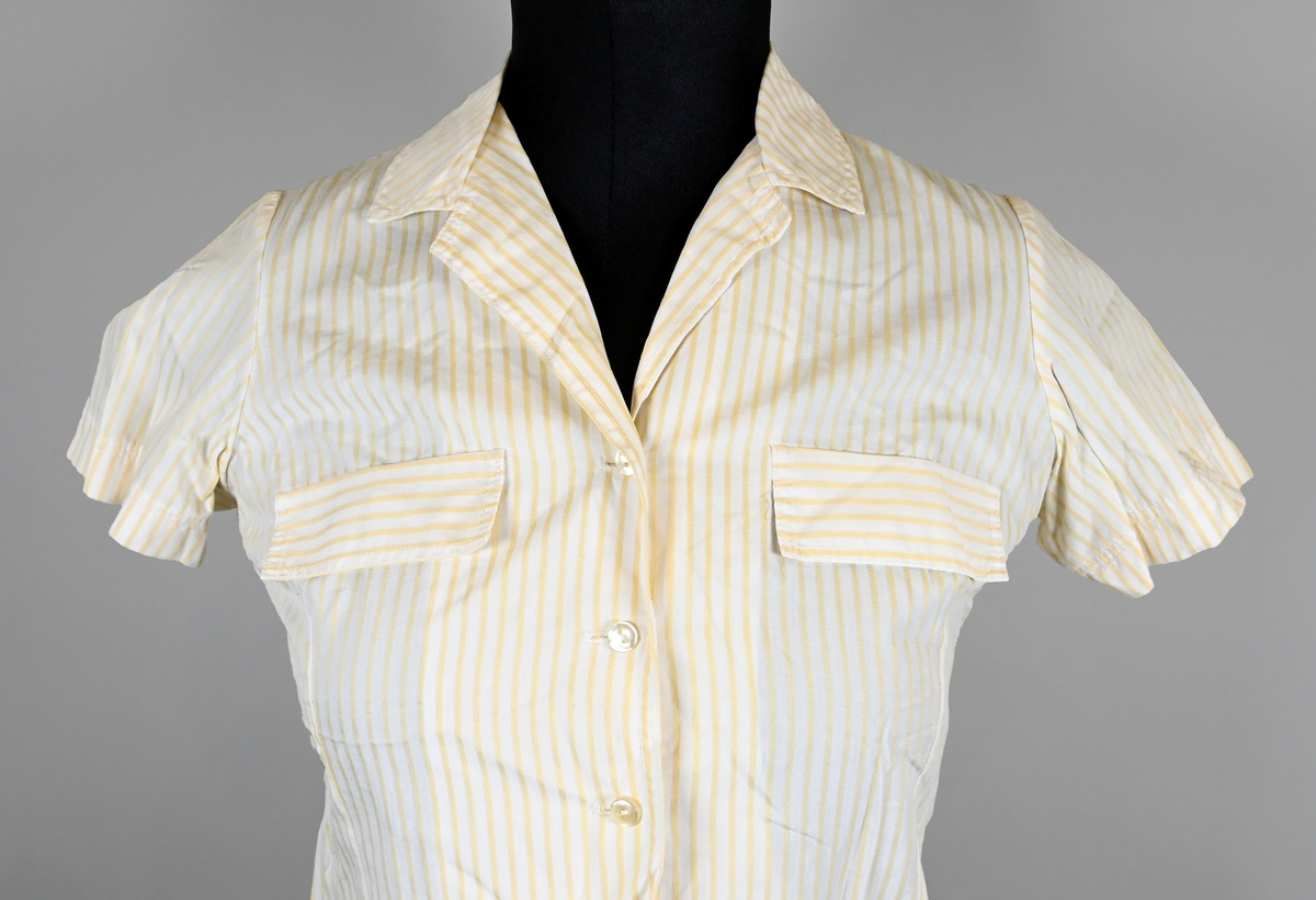 Blus i gul- och vitrandig textil till arbetsuniform för kvinnlig flygbolagspersonal. Blusen är kortärmad med dubbla utvikta kragsnibbar. Blusen har enkel knäppning med pärlemorsfärgade plastknappar och två bröstfickor med lock.

Lappen i nacken har försvunnit och lämnat textilfibrer kvar. Den liknar en blus som togs fram för SAS år 1966. Möjligen ett provexemplar.