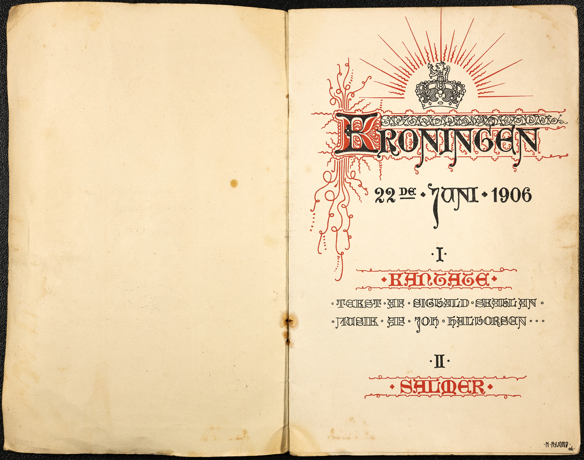 Hefte med tekst til kantatene og salmene ved kroningen i Trondheim 22. juni 1906,16 sider.