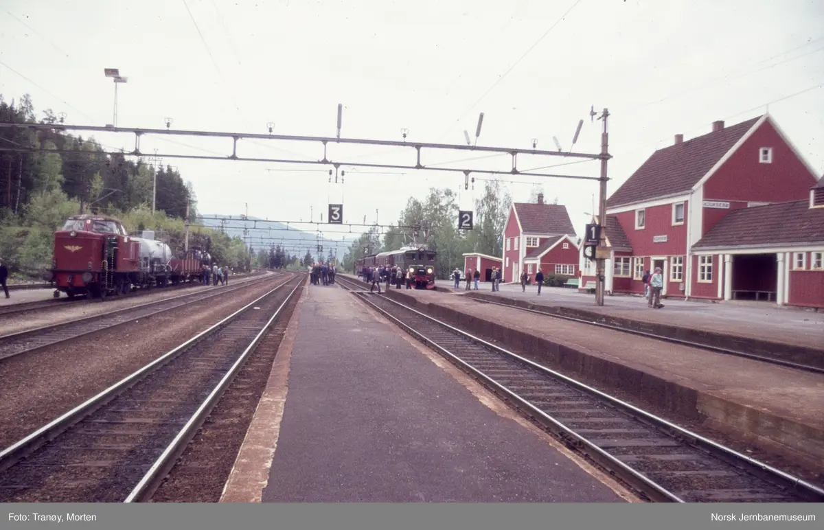 Hjuksebø stasjon. Til venstre diesellokomotiv Di 2 med sprøytevogner, til høyre elektrisk lokomotiv El 5 2039 med veterantog for Norsk Jernbaneklubb